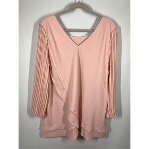 Laurie Felt Women's Long Sleeve V-Neck Pullover Pleated Blouse Pink Size Large